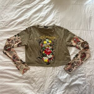Ed Hardy Tattoo Mesh Sleeve Crop Top XL Olive Graphic Y2K Streetwear